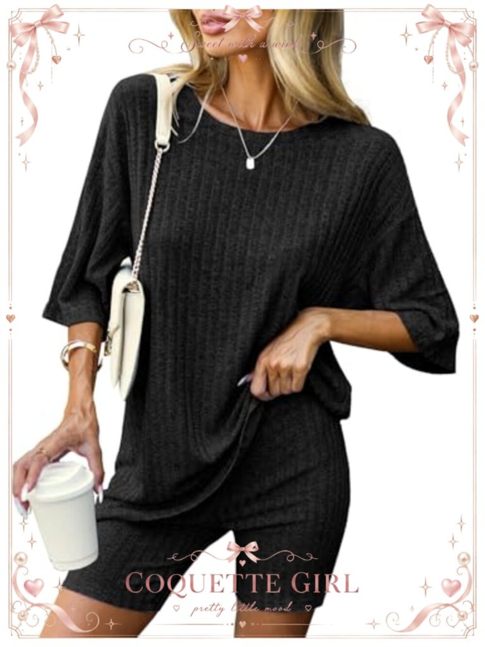 2 Piece Ribbed Knit Pajama Set Oversized T-Shirt & Biker Shorts Lounge
